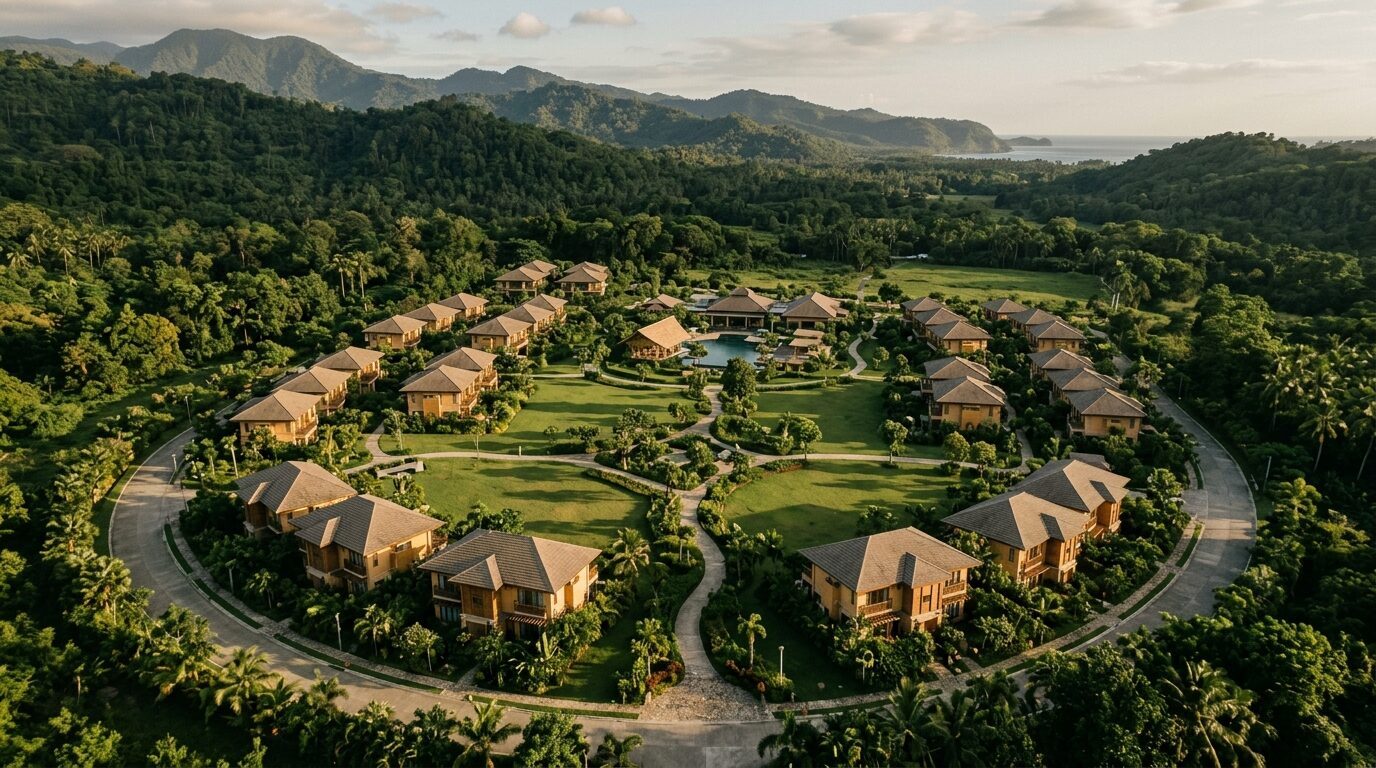 Aerial view of a completed wellness estate development