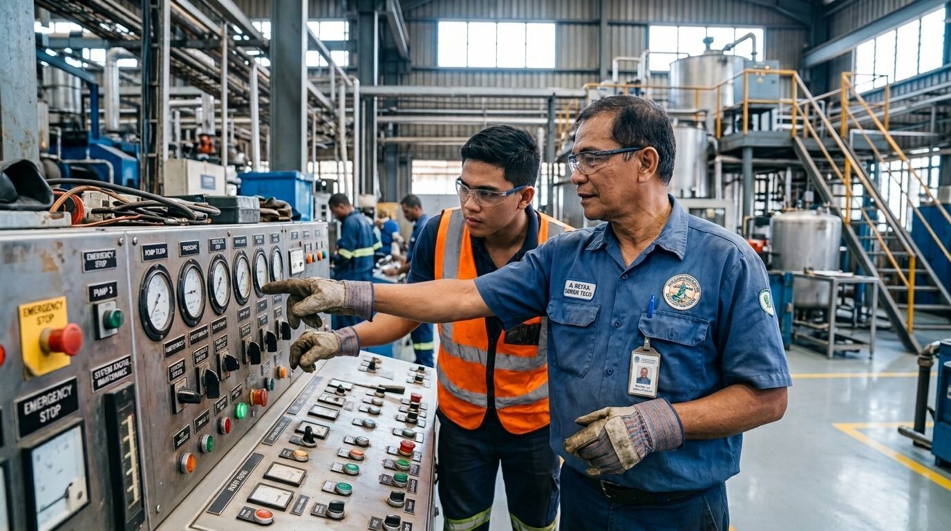 A senior technician mentoring a younger worker on facility equipment