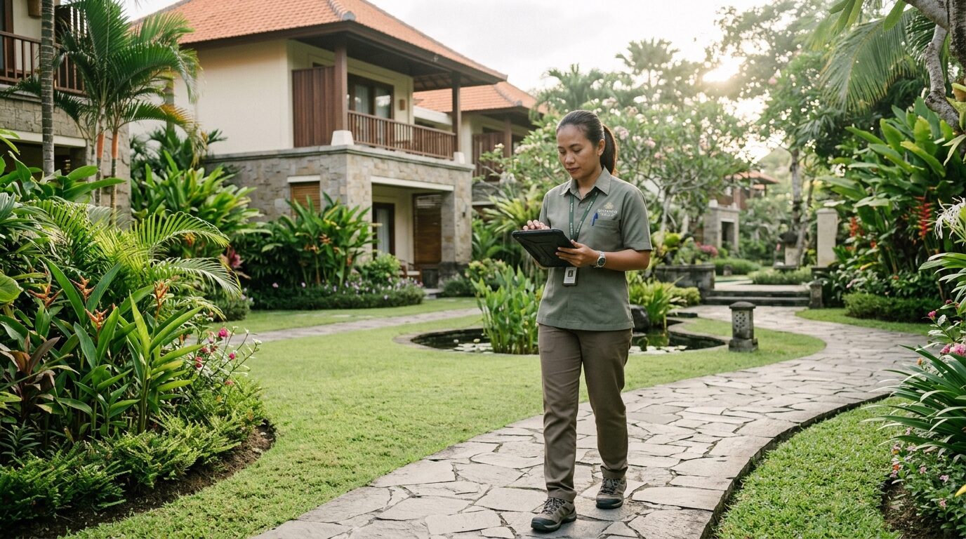 A staff member conducting a facility inspection with a tablet