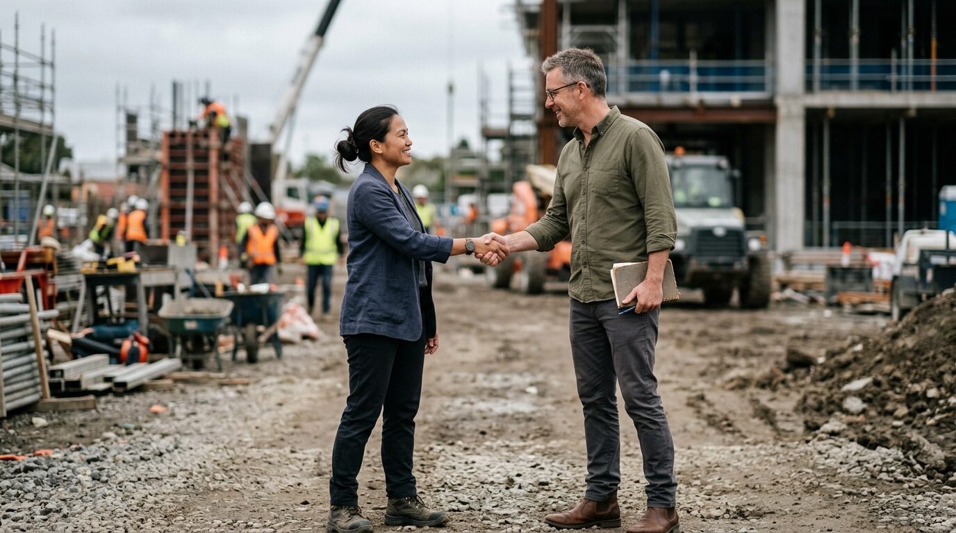 Two partners shaking hands on an active development site
