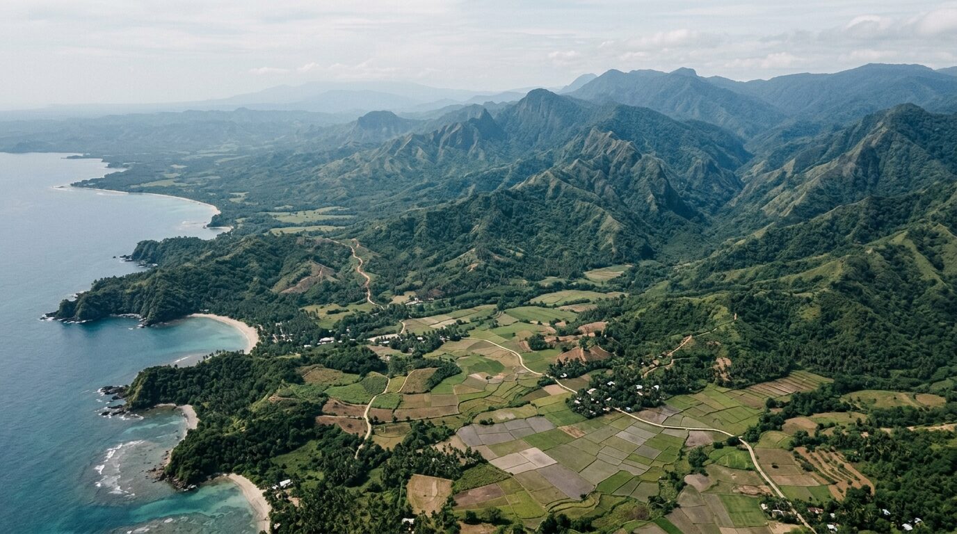 Aerial view spanning coastal, agricultural, and mountainous terrain